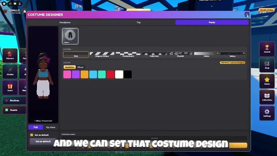 Costume Designer with clothing categories, color options and a full outfit preview
