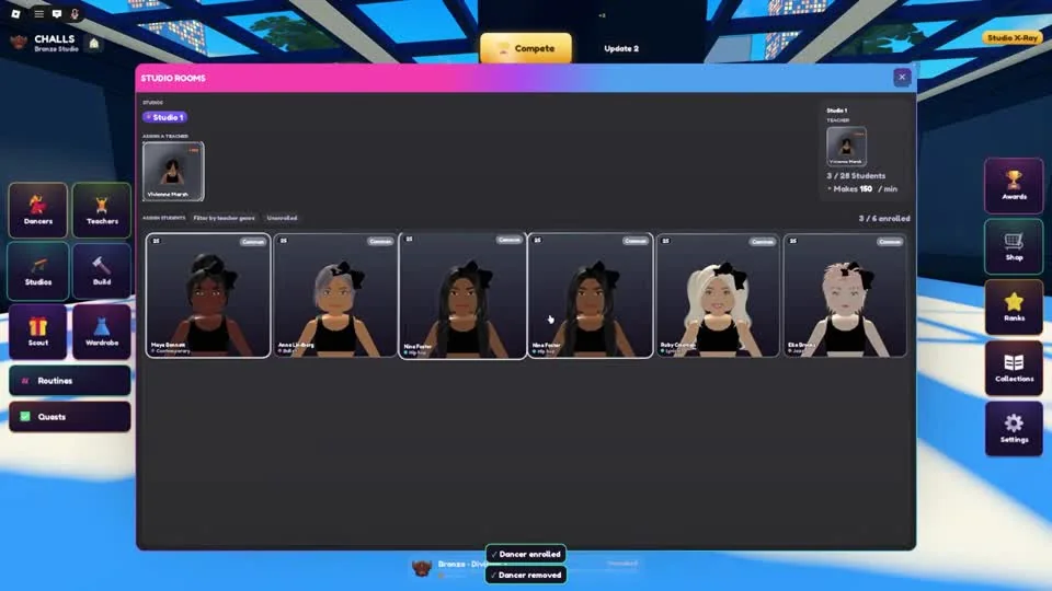 Studio Rooms panel with a teacher and dancer cards